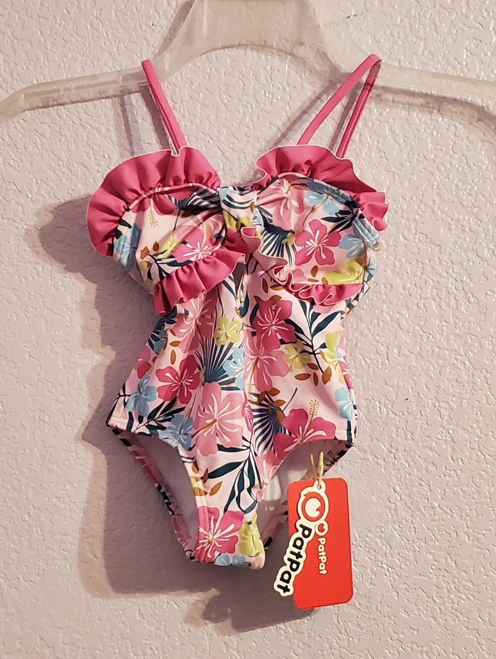 Pat Pat Baby Girls' Floral Pink One-Piece Swimsuit with Ruffle Trim 12M - 18M
